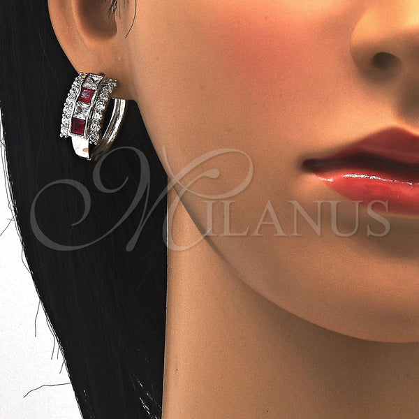 White Gold Filled Hoop Earrings — Huggie Hoop with Ruby and White Cubic Zirconia — alternate product view — SKU 121570 | Oro Laminado Blanco aretes de aro — Huggie Hoop with Ruby and blanco Cubic Zirconia — SKU 121570