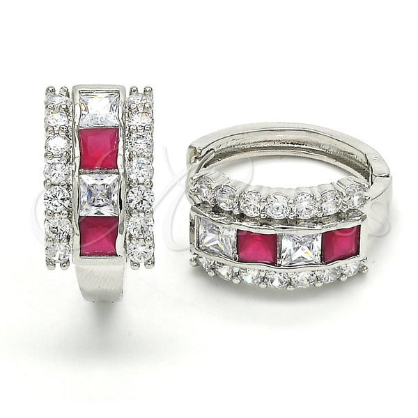 White Gold Filled Hoop Earrings — Huggie Hoop with Ruby and White Cubic Zirconia — main product view — SKU 121570 | Oro Laminado Blanco aretes de aro — Huggie Hoop with Ruby and blanco Cubic Zirconia — SKU 121570