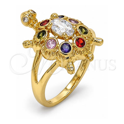 Oro Laminado Multi Stone Ring, Gold Filled Style Turtle Design, with Multicolor Cubic Zirconia, Polished, Golden Finish, 01.210.0066.1.07 (Size 7)