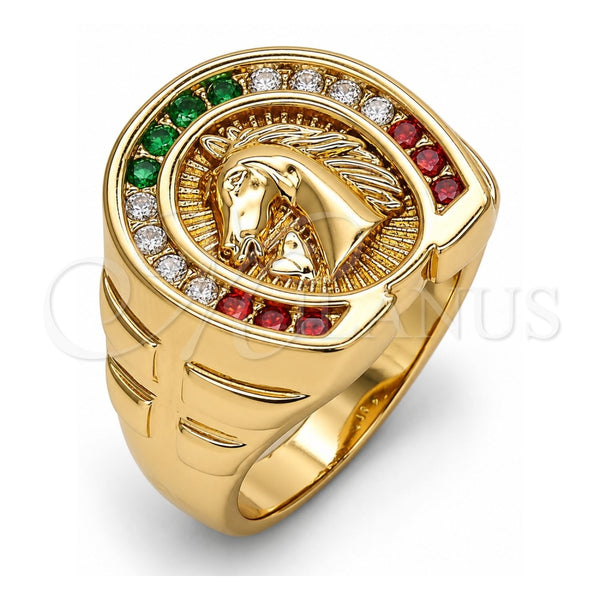 Oro Laminado Mens Ring, Gold Filled Style Horse Design, with Multicolor Cubic Zirconia, Polished, Golden Finish, 01.316.0001.1.11 (Size 11)