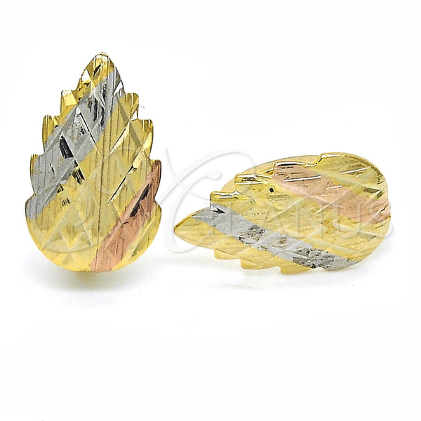 Gold Filled Hoop Earrings — Huggie Hoop Leaf Design Polished Tricolor 02. — main product view — SKU 121694 | Oro Laminado aretes de aro — Huggie Hoop Leaf diseño pulido Tricolor 02. — SKU 121694