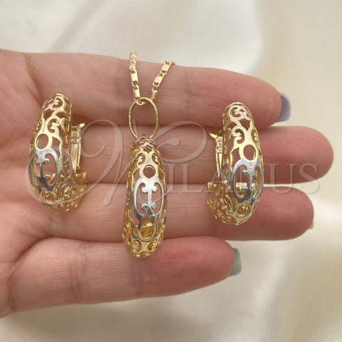 Oro Laminado Earring and Pendant Adult Set, Gold Filled Style Polished, Tricolor, 10.163.0006.1