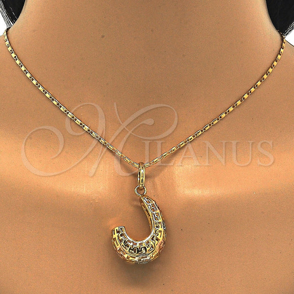 Oro Laminado Earring and Pendant Adult Set, Gold Filled Style Greek Key Design, Polished, Tricolor, 10.163.0007.1