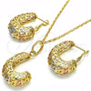 Oro Laminado Earring and Pendant Adult Set, Gold Filled Style Greek Key Design, Polished, Tricolor, 10.163.0007.1