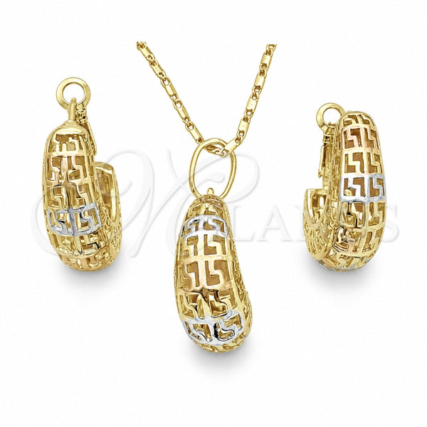 Oro Laminado Earring and Pendant Adult Set, Gold Filled Style Greek Key Design, Polished, Tricolor, 10.163.0007.1