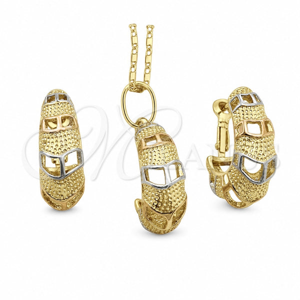 Oro Laminado Earring and Pendant Adult Set, Gold Filled Style Polished, Tricolor, 10.163.0008.1