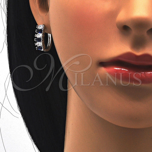 White Gold Filled Hoop Earrings — Huggie Hoop with Sapphire Blue and White Cubic — alternate product view — SKU 121780 | Oro Laminado Blanco aretes de aro — Huggie Hoop with Sapphire Blue and blanco Cubic — SKU 121780