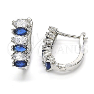 White Gold Filled Hoop Earrings — Huggie Hoop with Sapphire Blue and White Cubic — main product view — SKU 121780 | Oro Laminado Blanco aretes de aro — Huggie Hoop with Sapphire Blue and blanco Cubic — SKU 121780
