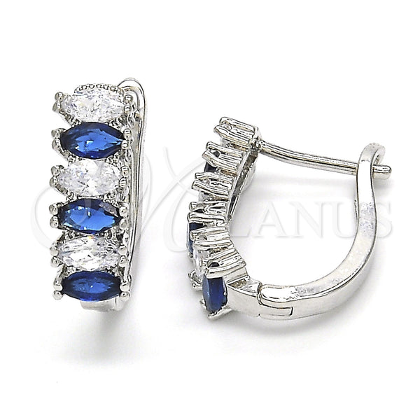 White Gold Filled Hoop Earrings — Huggie Hoop with Sapphire Blue and White Cubic — main product view — SKU 121780 | Oro Laminado Blanco aretes de aro — Huggie Hoop with Sapphire Blue and blanco Cubic — SKU 121780