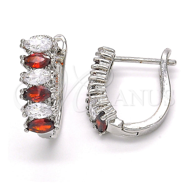 White Gold Filled Hoop Earrings — Huggie Hoop with Garnet and White Cubic Zirconia — main product view — SKU 121782 | Oro Laminado Blanco aretes de aro — Huggie Hoop with Garnet and blanco Cubic Zirconia — SKU 121782