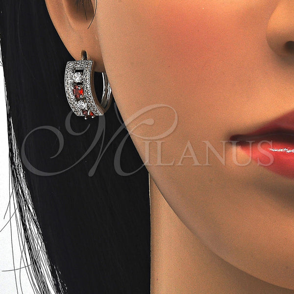 White Gold Filled Hoop Earrings — Huggie Hoop with Garnet and White Cubic Zirconia — alternate product view — SKU 121866 | Oro Laminado Blanco aretes de aro — Huggie Hoop with Garnet and blanco Cubic Zirconia — SKU 121866
