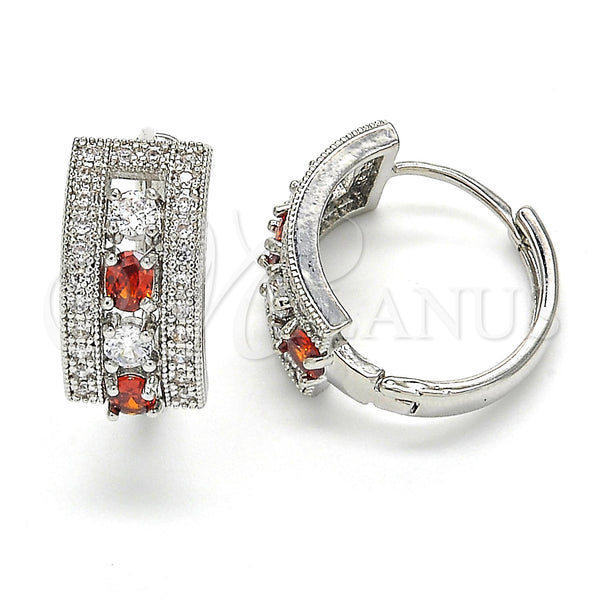 White Gold Filled Hoop Earrings — Huggie Hoop with Garnet and White Cubic Zirconia — main product view — SKU 121866 | Oro Laminado Blanco aretes de aro — Huggie Hoop with Garnet and blanco Cubic Zirconia — SKU 121866