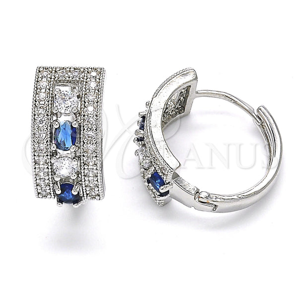White Gold Filled Hoop Earrings — Huggie Hoop with Sapphire Blue and White Cubic — main product view — SKU 121868 | Oro Laminado Blanco aretes de aro — Huggie Hoop with Sapphire Blue and blanco Cubic — SKU 121868