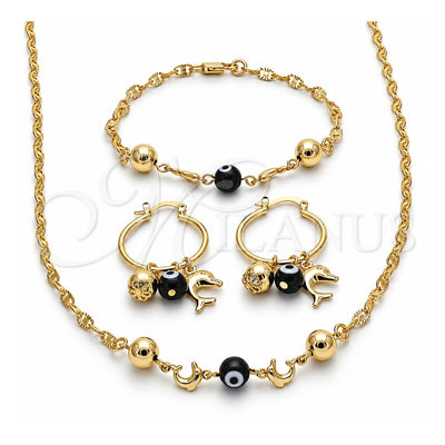 Oro Laminado Necklace, Bracelet and Earring, Gold Filled Style Dolphin and Evil Eye Design, Black Resin Finish, Golden Finish, 06.63.0226