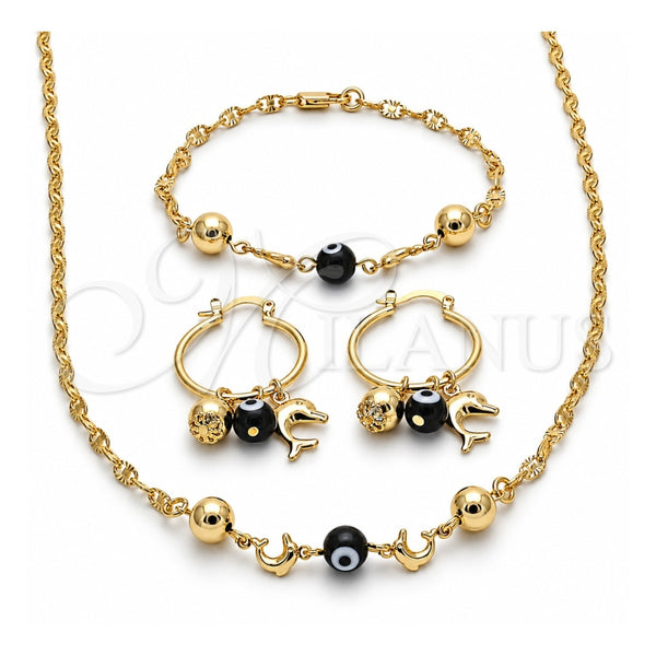 Oro Laminado Necklace, Bracelet and Earring, Gold Filled Style Dolphin and Evil Eye Design, Black Resin Finish, Golden Finish, 06.63.0226