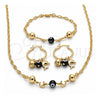 Oro Laminado Necklace, Bracelet and Earring, Gold Filled Style Dolphin and Evil Eye Design, Black Resin Finish, Golden Finish, 06.63.0226
