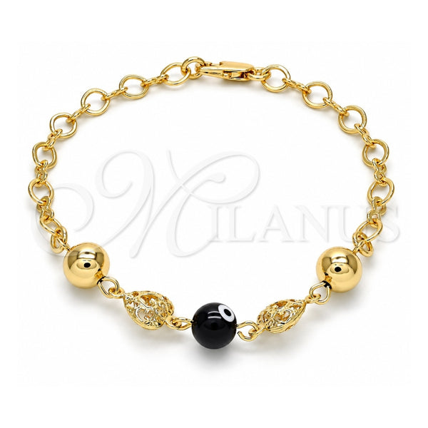 Oro Laminado Fancy Bracelet, Gold Filled Style Heart and Evil Eye Design, Black Resin Finish, Golden Finish, 03.63.1902.08 (05 MM Thickness, 8 Inches Length)