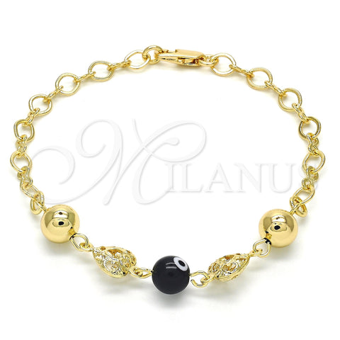 Oro Laminado Fancy Bracelet, Gold Filled Style Heart and Evil Eye Design, Black Resin Finish, Golden Finish, 03.63.1902.08 (05 MM Thickness, 8 Inches Length)