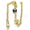 Oro Laminado Fancy Bracelet, Gold Filled Style Elephant and Evil Eye Design, Black Resin Finish, Golden Finish, 03.63.1903.08 (04 MM Thickness, 8 Inches Length)