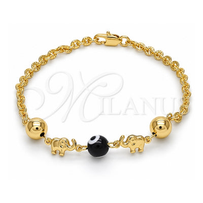 Oro Laminado Fancy Bracelet, Gold Filled Style Elephant and Evil Eye Design, Black Resin Finish, Golden Finish, 03.63.1903.08 (04 MM Thickness, 8 Inches Length)