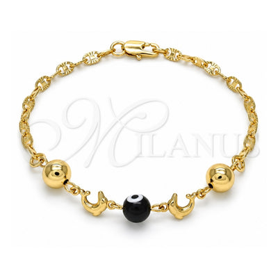 Oro Laminado Fancy Bracelet, Gold Filled Style Dolphin and Evil Eye Design, Black Resin Finish, Golden Finish, 03.63.1904.08 (04 MM Thickness, 8 Inches Length)