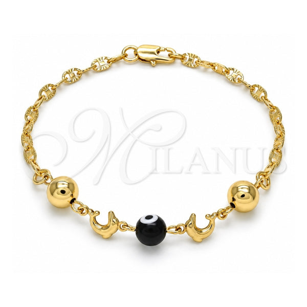 Oro Laminado Fancy Bracelet, Gold Filled Style Dolphin and Evil Eye Design, Black Resin Finish, Golden Finish, 03.63.1904.08 (04 MM Thickness, 8 Inches Length)