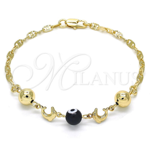 Oro Laminado Fancy Bracelet, Gold Filled Style Dolphin and Evil Eye Design, Black Resin Finish, Golden Finish, 03.63.1904.08 (04 MM Thickness, 8 Inches Length)