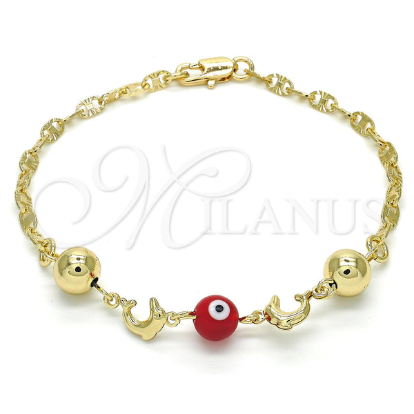 Gold Filled Bracelet — Fancy Bracelet Dolphin and Evil Eye Design Red — main product view — SKU 121947 | Oro Laminado brazalete — elegante Bracelet Dolphin and Evil Eye diseño Red — SKU 121947