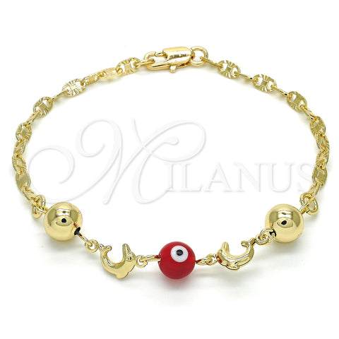 Oro Laminado Fancy Bracelet, Gold Filled Style Dolphin and Evil Eye Design, Red Resin Finish, Golden Finish, 03.63.1904.1.08 (04 MM Thickness, 8 Inches Length)