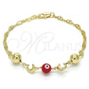 Oro Laminado Fancy Bracelet, Gold Filled Style Dolphin and Evil Eye Design, Red Resin Finish, Golden Finish, 03.63.1904.1.08 (04 MM Thickness, 8 Inches Length)