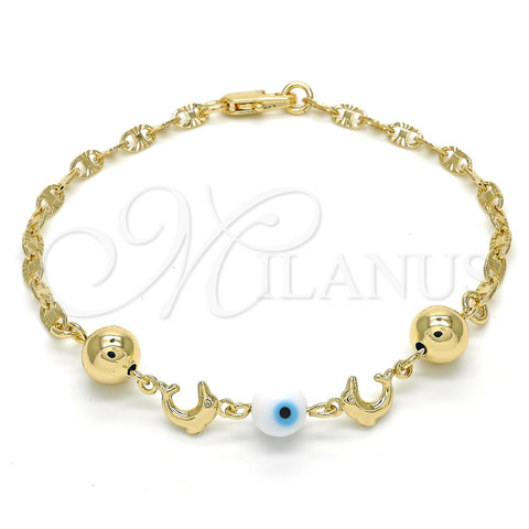 Oro Laminado Fancy Bracelet, Gold Filled Style Dolphin and Evil Eye Design, White Resin Finish, Golden Finish, 03.63.1904.2.08 (04 MM Thickness, 8 Inches Length)