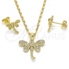 Oro Laminado Earring and Pendant Adult Set, Gold Filled Style Dragon-Fly Design, with White Micro Pave, Polished, Golden Finish, 10.156.0148