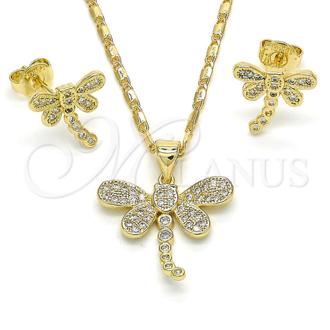 Oro Laminado Earring and Pendant Adult Set, Gold Filled Style Dragon-Fly Design, with White Micro Pave, Polished, Golden Finish, 10.156.0148