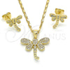 Oro Laminado Earring and Pendant Adult Set, Gold Filled Style Dragon-Fly Design, with White Micro Pave, Polished, Golden Finish, 10.156.0148