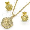 Oro Laminado Earring and Pendant Adult Set, Gold Filled Style Flower and Star Design, with White Micro Pave, Polished, Golden Finish, 10.156.0154