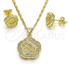 Oro Laminado Earring and Pendant Adult Set, Gold Filled Style Flower and Star Design, with White Micro Pave, Polished, Golden Finish, 10.156.0154