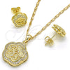 Oro Laminado Earring and Pendant Adult Set, Gold Filled Style Flower and Star Design, with White Micro Pave, Polished, Golden Finish, 10.156.0154