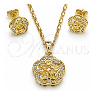 Oro Laminado Earring and Pendant Adult Set, Gold Filled Style Flower and Star Design, with White Micro Pave, Polished, Golden Finish, 10.156.0154