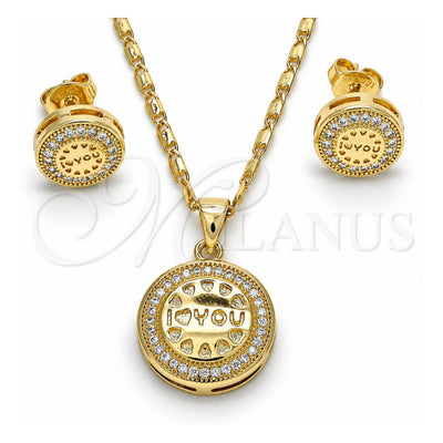 Oro Laminado Earring and Pendant Adult Set, Gold Filled Style Heart Design, with White Micro Pave, Polished, Golden Finish, 10.156.0155