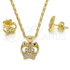 Oro Laminado Earring and Pendant Adult Set, Gold Filled Style Owl Design, with White Micro Pave, Polished, Golden Finish, 10.156.0093.1