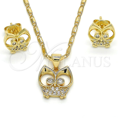 Oro Laminado Earring and Pendant Adult Set, Gold Filled Style Owl Design, with White Micro Pave, Polished, Golden Finish, 10.156.0093.1