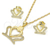 Oro Laminado Earring and Pendant Adult Set, Gold Filled Style Crown and Heart Design, with White Cubic Zirconia, Polished, Golden Finish, 10.156.0172