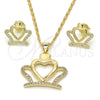 Oro Laminado Earring and Pendant Adult Set, Gold Filled Style Crown and Heart Design, with White Cubic Zirconia, Polished, Golden Finish, 10.156.0172