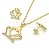 Oro Laminado Earring and Pendant Adult Set, Gold Filled Style Crown and Heart Design, with White Cubic Zirconia, Polished, Golden Finish, 10.156.0172
