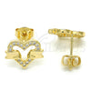 Oro Laminado Stud Earring, Gold Filled Style Heart Design, with White Micro Pave, Polished, Golden Finish, 02.156.0278