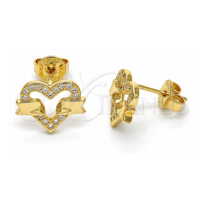 Oro Laminado Stud Earring, Gold Filled Style Heart Design, with White Micro Pave, Polished, Golden Finish, 02.156.0278