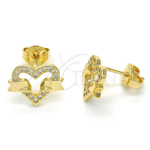Oro Laminado Stud Earring, Gold Filled Style Heart Design, with White Micro Pave, Polished, Golden Finish, 02.156.0278
