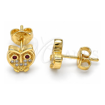 Oro Laminado Stud Earring, Gold Filled Style Owl Design, with Garnet Cubic Zirconia and Garnet Micro Pave, Polished, Golden Finish, 02.156.0281