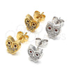 Oro Laminado Stud Earring, Gold Filled Style Owl Design, with Garnet Cubic Zirconia and Garnet Micro Pave, Polished, Golden Finish, 02.156.0281