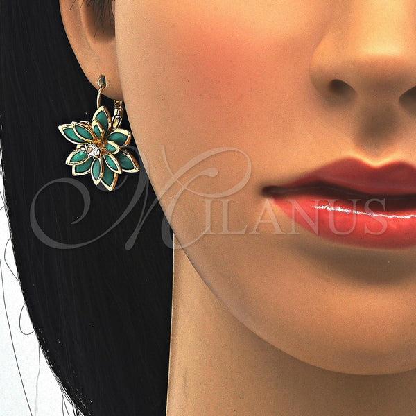 Gold Filled Ring — Leverback Earring Flower Design with Turquoise and White — alternate product view — SKU 122068 | Oro Laminado anillo — Leverback Earring flor diseño with Turquoise and blanco — SKU 122068